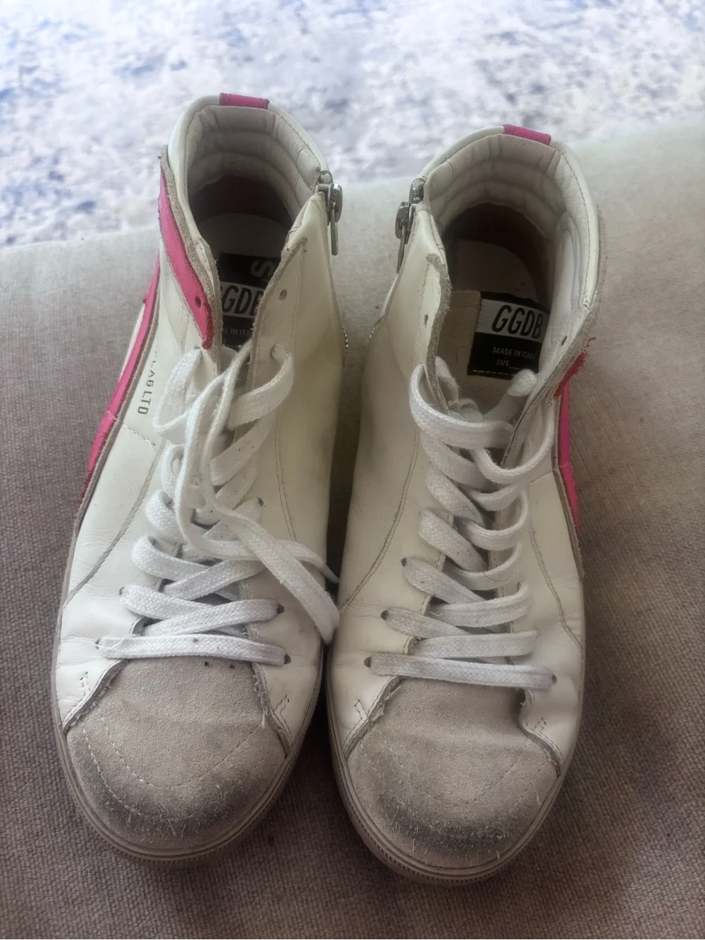 Golden Goose White and Pink High-Top Sneakers